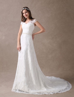 Lace Wedding Dresses Ivory V Neck Chiffon Beading Sash Cap Sleeve Bridal Dress With Train Exclusive_1
