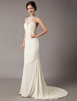 Wedding Dresses Ivory Lace Sleeveless Illusion Sheath Column Bridal Gowns With Train_5