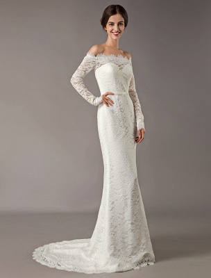 Lace Wedding Dresses Off The Shoulder Long Sleeve Beaded Sash Bridal Gowns With Train_4