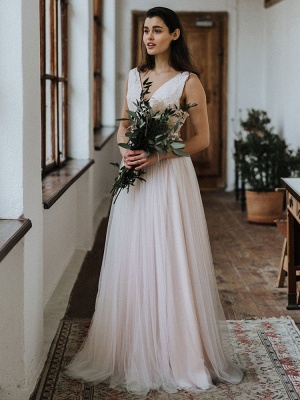 Einfache Hochzeitskleid Backless Brautkleider Chiffon V-Ausschnitt A-Linie Brautkleider_2