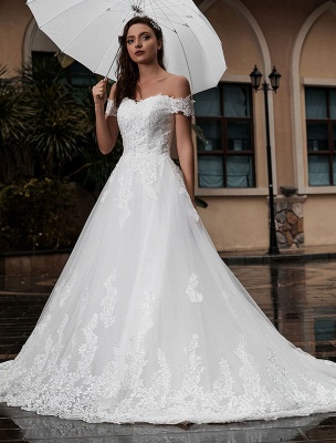 Princess Wedding Dress Off-The-Shoulder Short Sleeves Natural Waist With Train Bridal Dresses_1