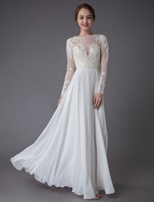 Boho Wedding Dresses Chiffon Jewel Long Sleeve Pleated A Line Beach Bridal Gowns Exclusive_1