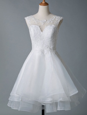 Robes de mariée 2021 Une ligne bijou cou sans manches taille naturelle Tulle robe de mariée courte_3