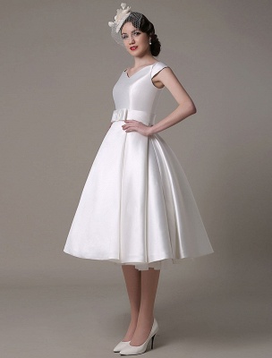 Ivory Wedding Dresses 2021 Short Satin Knee Length Bow Sash Retro Bridal Dress Exclusive_7