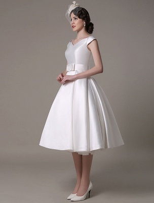 Ivory Wedding Dresses 2021 Short Satin Knee Length Bow Sash Retro Bridal Dress Exclusive_6