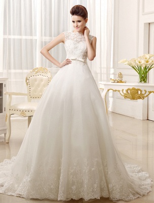 Wedding Dresses Lace Applique Bridal Dress Bow Sash Sweetheart Illusion Train Wedding Gown_2