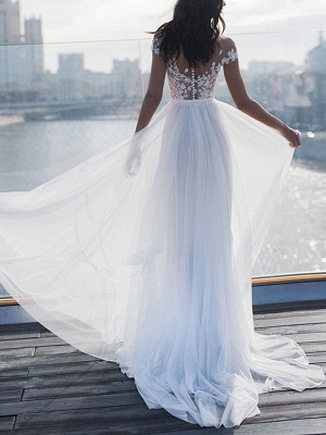Robes de mariée bohème 2021 dentelle sur l'épaule à manches courtes longueur de plancher fendue devant robe de mariée avec train_2