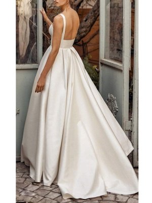 Vintage Wedding Dresses Square Neck Sleeveless Natural Waist Satin Fabric Court Train Sash Bridal Dress_1