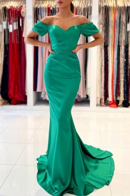 Off the Shoulder Satin Ruffle Slim Mermaid Evening Gown_1