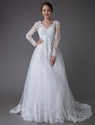 Robes de mariée en dentelle robe de bal col en V manches longues robe de mariée princesse dos nu exclusif_4