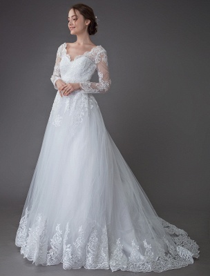 Robes de mariée en dentelle robe de bal col en V manches longues robe de mariée princesse dos nu exclusif_1