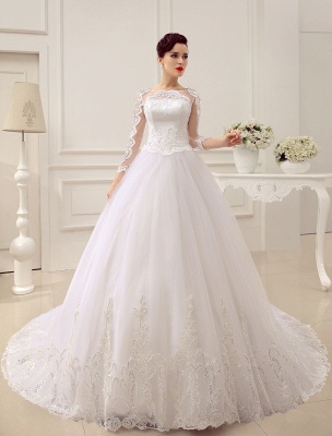 Princess Wedding Dresses Long Sleeve Bridal Gown Lace Applique Sequin Beaded Illusion Ball Gown Bridal Dress With Train Exclusive_2