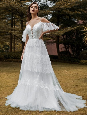 Robe de mariée bohème dentelle A-ligne col en V taille naturelle robe de mariée perlée_3