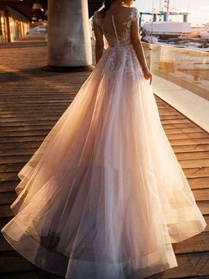 Wedding Dresses A Line Tulle V Neck Short Sleeves Lace Bridal Dresses With Train_2