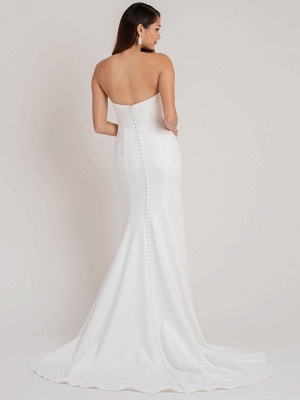 White Simple Wedding Dress Sheath Strapless Sleeveless Buttons Chapel Train Matte Satin Bridal Dresses_3