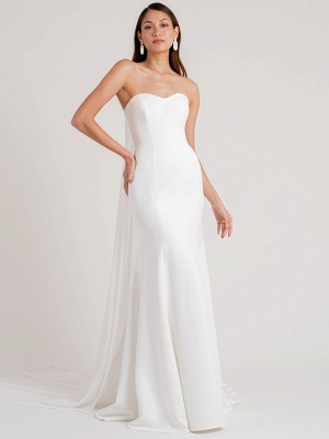 Vestido de novia blanco simple Vaina Sin tirantes Sin mangas Botones Tren de la capilla Vestidos de novia de satén mate_1