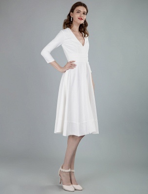 Short Wedding Dresses V Neck 3/4 Length Sleeves A-Line Knee Length Bridal Dress Exclusive_6