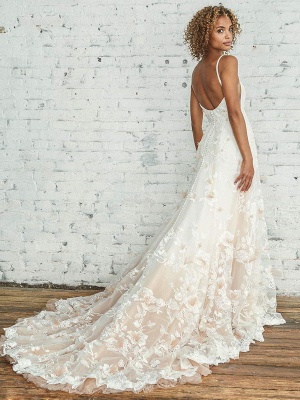 Robe de mariée avec train une ligne sans manches encolure carrée robes de mariée en dentelle_2