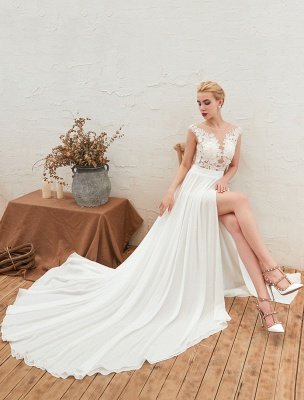 Wedding Dress 2021 V Neck Sleeveless A Line Split Chiffon Beach Bridal Gowns With Train_1