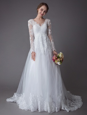 Lace Wedding Dresses Ball Gown V Neck Long Sleeve Backless Princess Bridal Dress Exclusive_2