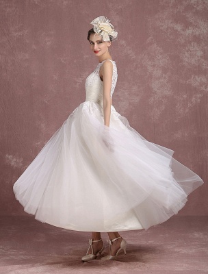 Vintage Wedding Dress Ivory Tulle Bridal Gown Back Split Bateau Lace Illusion Neckline Ankle Length Princess Bridal Dress With Bow Sash Exclusive_4