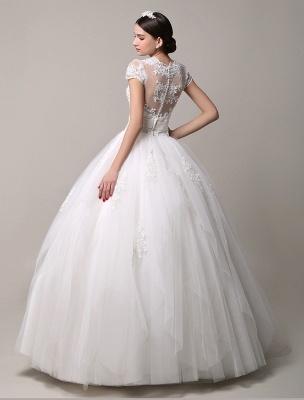 Robe de mariée princesse en dentelle à manches courtes avec jupe en tulle superposée_3