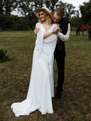 Vestido de novia blanco simple con tren Una línea Cuello en V Mangas largas Cadenas sin espalda Vestidos de novia de cintura natural_4