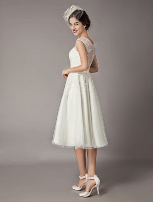 Vintage Wedding Dresses Short Lace Tulle Sequin Tea Length Ivory Bridal Dress_6