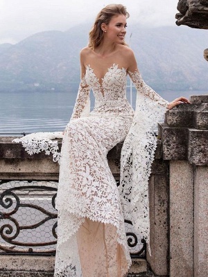 Lace Wedding Dress Mermaid Wedding Dress V Neck Long Sleeve Sexy Bridal Dresses_3