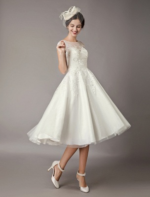 Robes De Mariée Vintage Courte Dentelle Tulle Sequin Thé Longueur Robe De Mariée Ivoire_4