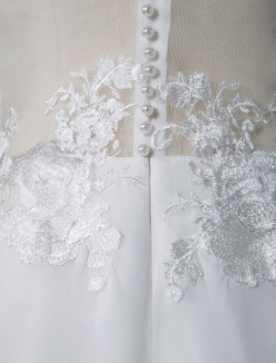 Einfaches Hochzeitskleid A-Linie V-Ausschnitt Ärmellose Spitze Illusion Zurück Brautkleider_10