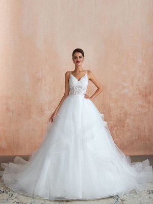 Ballkleid Brautkleid 2021 Prinzessin Träger Hals Ärmellos Natürliche Taille Besetzte Tüll Brautkleider Mit Zug_3