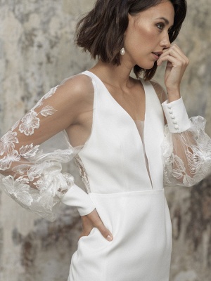 White Short Wedding Dresses V-Neck Long Sleeves Backless Sheath Cut-Outs Lace Bridal Dresses_4