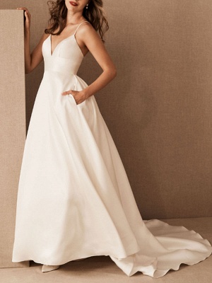 Robe de mariée simple en satin col en V poches sans manches une ligne robes de mariée_3