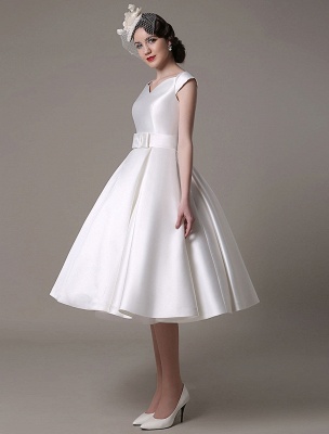 Ivory Wedding Dresses 2021 Short Satin Knee Length Bow Sash Retro Bridal Dress Exclusive_9
