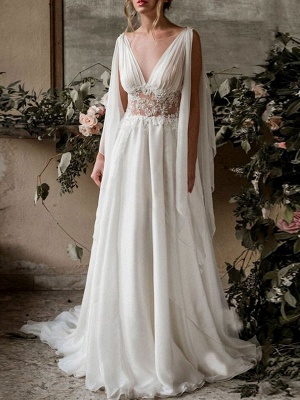 Robes de mariée Boho 2021 en mousseline de soie col en V taille haute draperie romaine manches robe de mariée_1