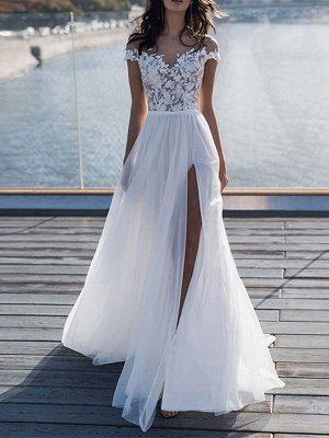 Robes de mariée bohème 2021 dentelle sur l'épaule à manches courtes longueur de plancher fendue devant robe de mariée avec train_1