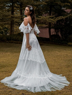 Robe de mariée bohème dentelle A-ligne col en V taille naturelle robe de mariée perlée_4