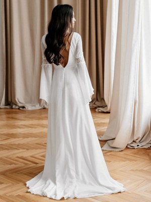 Weißes einfaches Brautkleid mit Zug A-Linie V-Ausschnitt lange Ärmel rückenfreie Ketten natürliche Taille Brautkleider_6