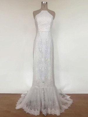 Robe de mariée bohème 2021 dentelle une ligne licou sans manches longueur de plancher robe de mariée avec train_5