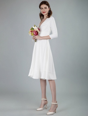 Short Wedding Dresses V Neck 3/4 Length Sleeves A-Line Knee Length Bridal Dress Exclusive_3
