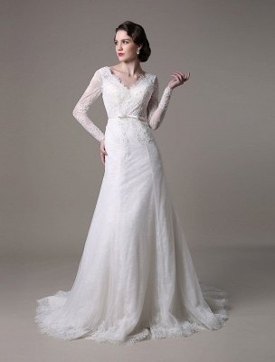 2021 Vintage Lace Wedding Dress A-Line With Long Sleeves Pearls Applique And Chapel Train_2