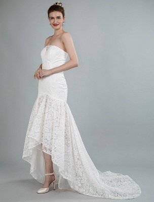Simple Wedding Dress Strapless Sleeveless Lace Mermaid Bridal Gowns With Train_6