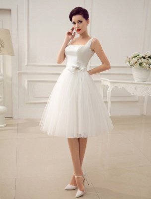 Simple Wedding Dresses Satin Square Neck Applique Short Bridal Dress With Beading Bow Sash Exclusive_2