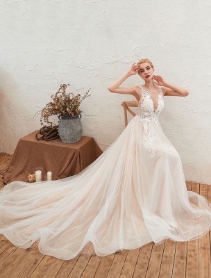 Wedding Dress 2021 V Neck Sleeveless A Line Tulle Bridal Gowns With Train_2