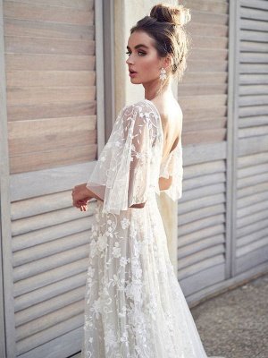 Weißes Brautkleid aus Spitze mit V-Ausschnitt A-Linie Brautkleid mit kurzen Ärmeln rückenfreie Brautkleider_2
