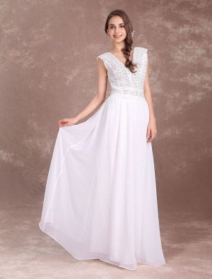 Boho Wedding Dresses Chiffon Lace Beach Bridal Dress V Neck V Back Ivory Sleeveless Floor Length Summer Wedding Gown_2