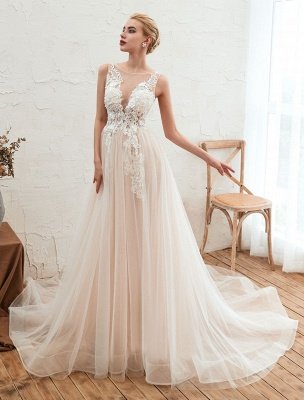 Wedding Dress 2021 V Neck Sleeveless A Line Tulle Bridal Gowns With Train_6