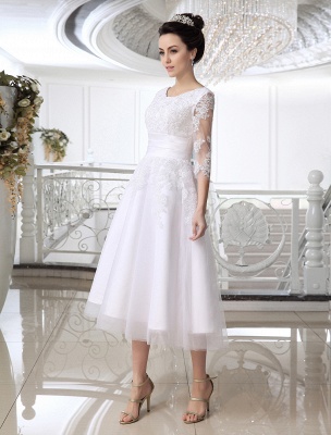 Simple Wedding Dresses 2021 Short Lace Applique Illusion Half Sleeve Tea Length Bridal Dress Exclusive_3