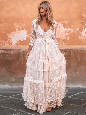 Vestido de novia boho traje 2021 con cuello en V hasta el suelo vestido de novia de múltiples capas de encaje vestido y atuendo_1